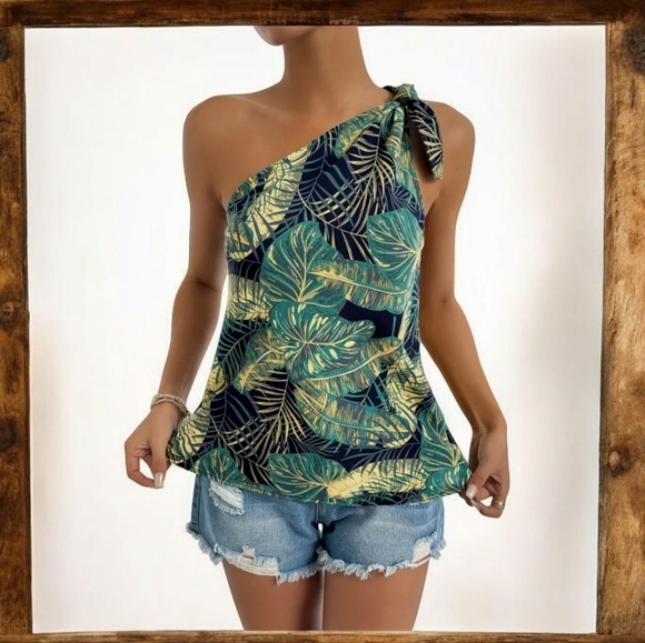 New! One-Shoulder Leaf Print Blouse – Sleeveless Vacation Top Sz Xlarge - Picture 1 of 7